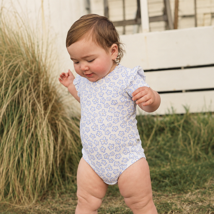 Frill Short Sleeve Bodysuit - Hibiscus Blue