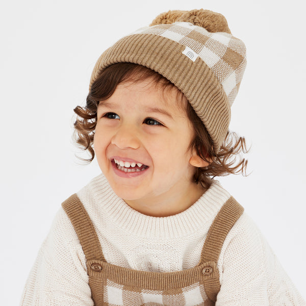 Jacquard Knit Beanie - Neutral Gingham