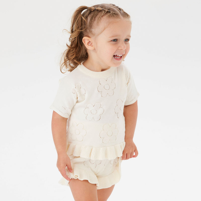 Pointelle Knit Frill Tee - Pristine
