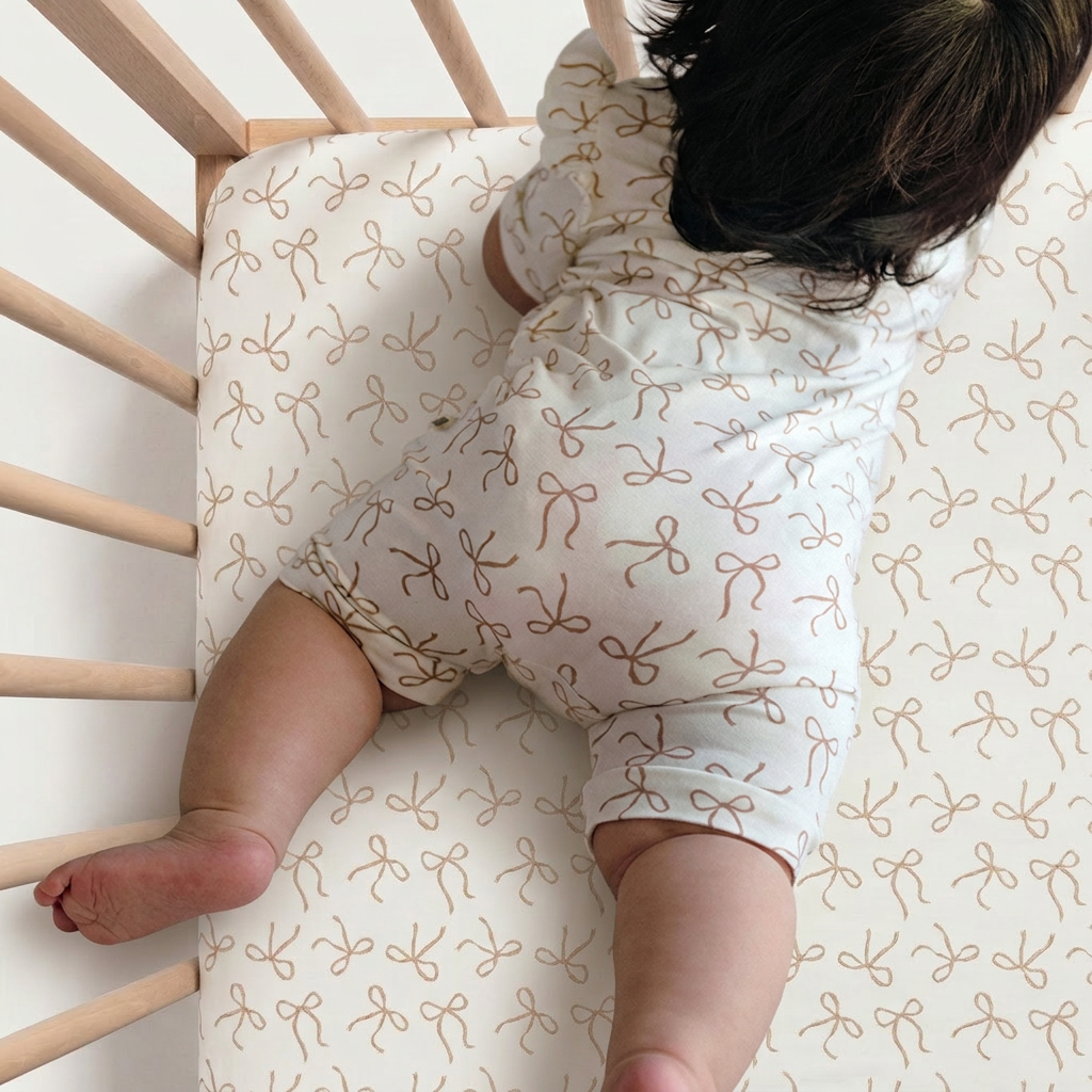 Fitted Cot Sheet - Ivory Bow