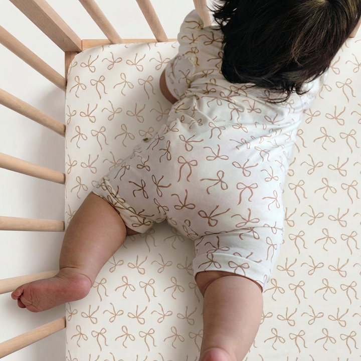 Fitted Cot Sheet - Ivory Bow
