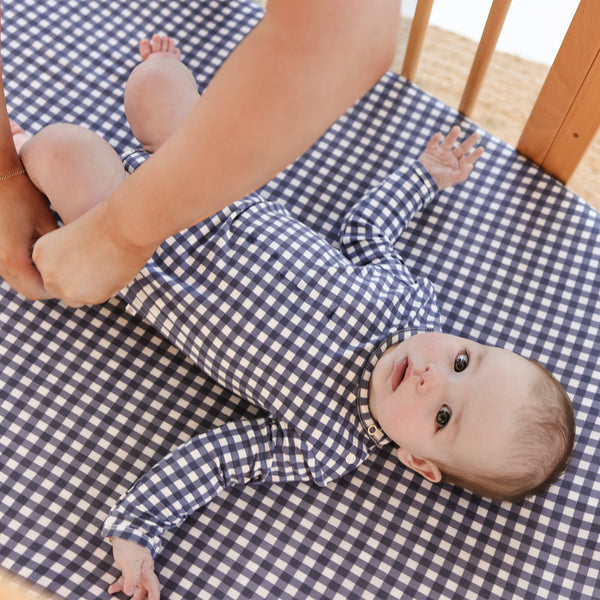 Fitted Cot Sheet - Navy Gingham