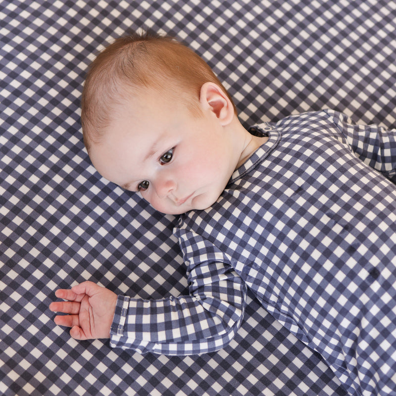 Fitted Cot Sheet - Navy Gingham