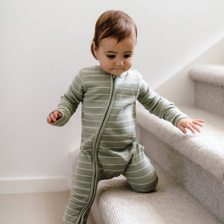 Organic Cotton Waffle Onesie - Sage Stripe