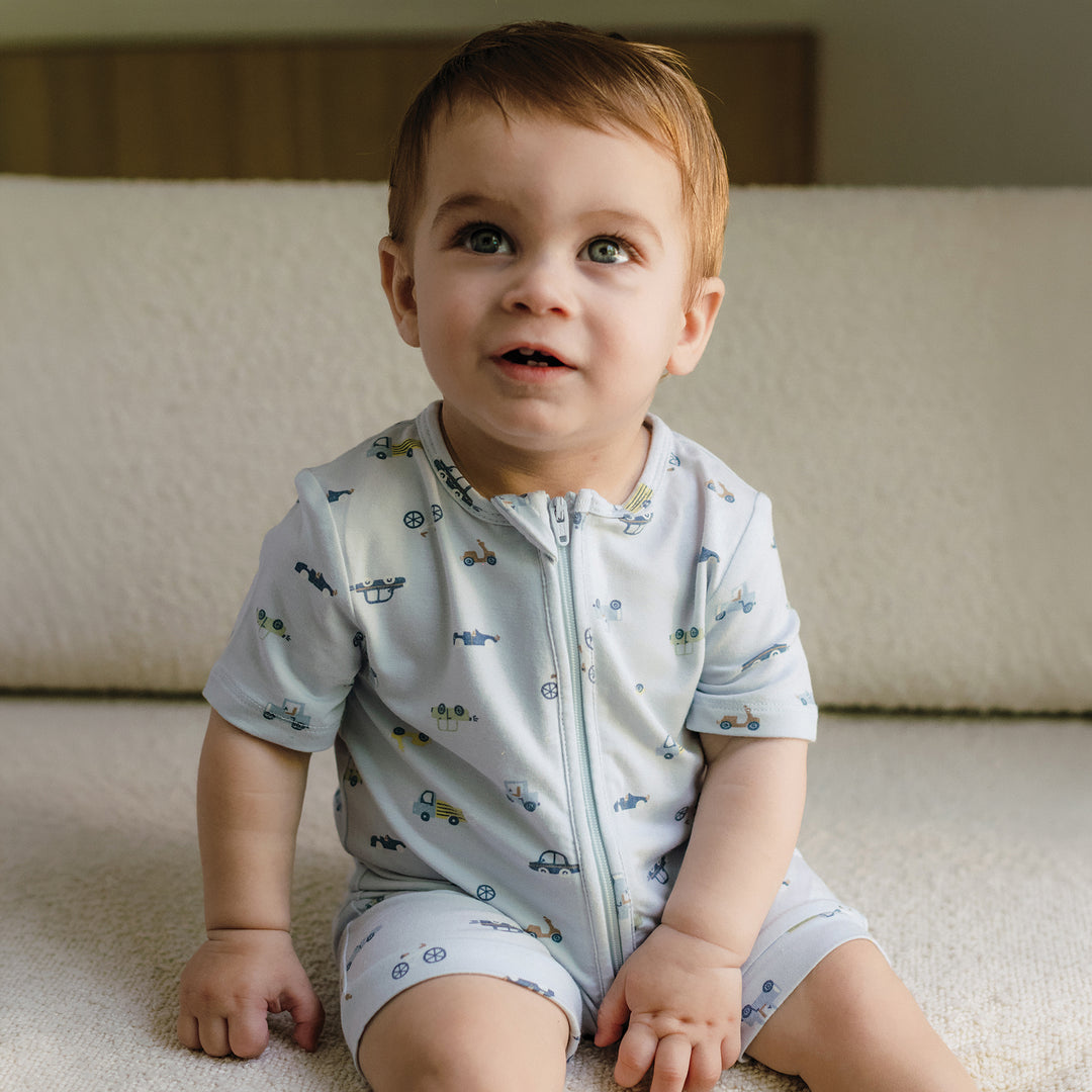 Day Or Night Onesie Short Sleeve - Blue Haze Cars
