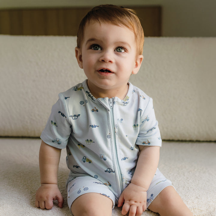 Day Or Night Onesie Short Sleeve - Blue Haze Cars