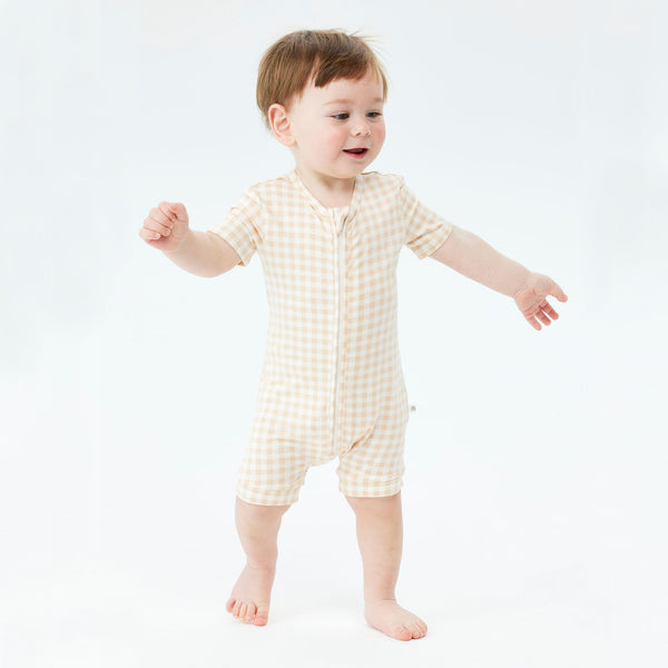 Day or Night Onesie Short Sleeve - Neutral Gingham