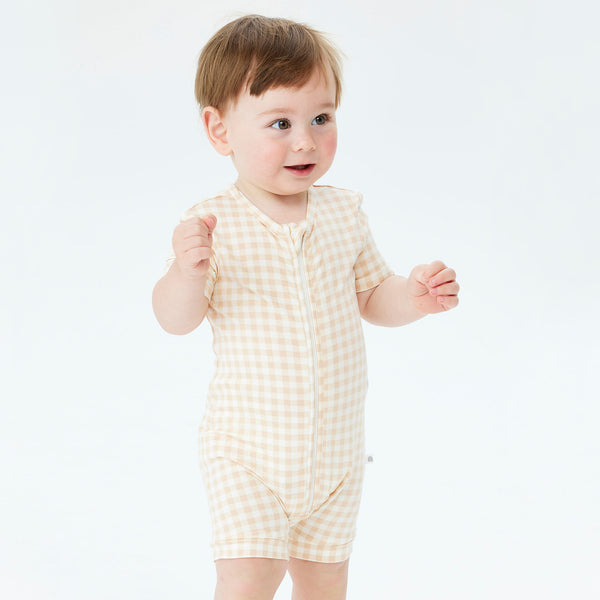 Day or Night Onesie Short Sleeve - Neutral Gingham