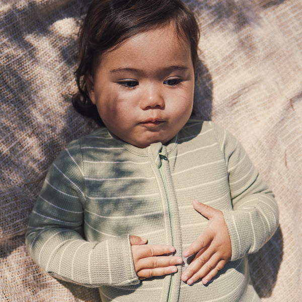 Waffle Day Or Night Onesie - Sage Stripe
