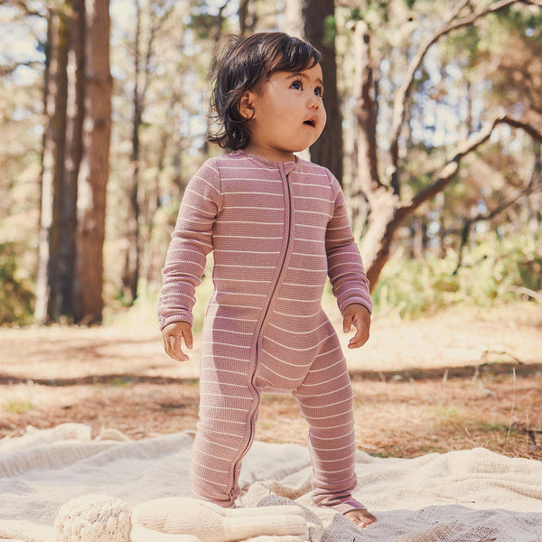 Waffle Day or Night Onesie - Woodrose Stripe
