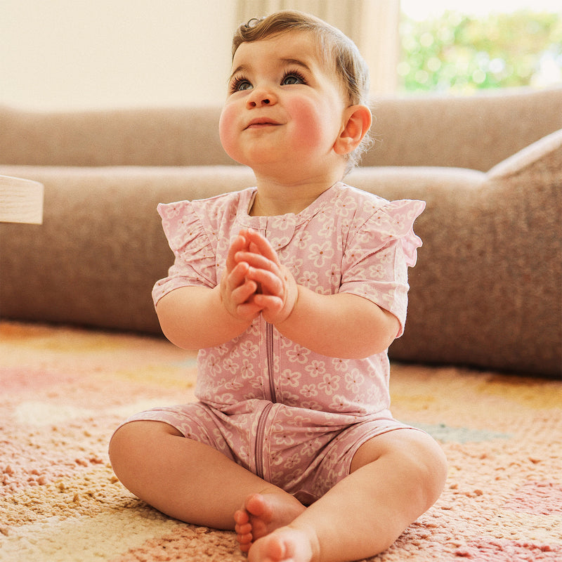 Day or Night Short Sleeve Frill Onesie - Frangipani