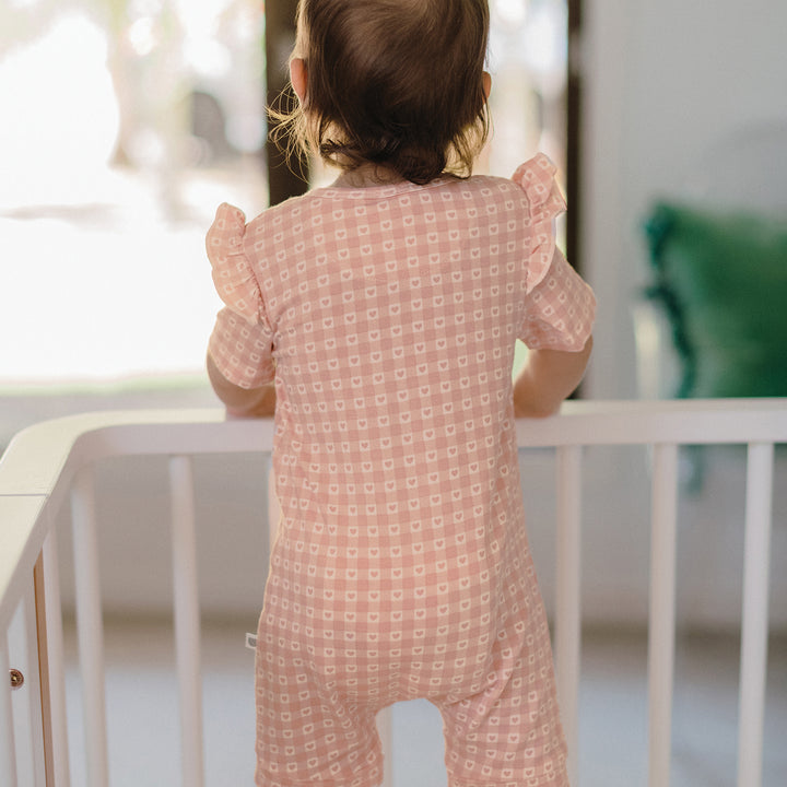 Day Or Night Short Sleeve Frill Onesie - Heart Gingham