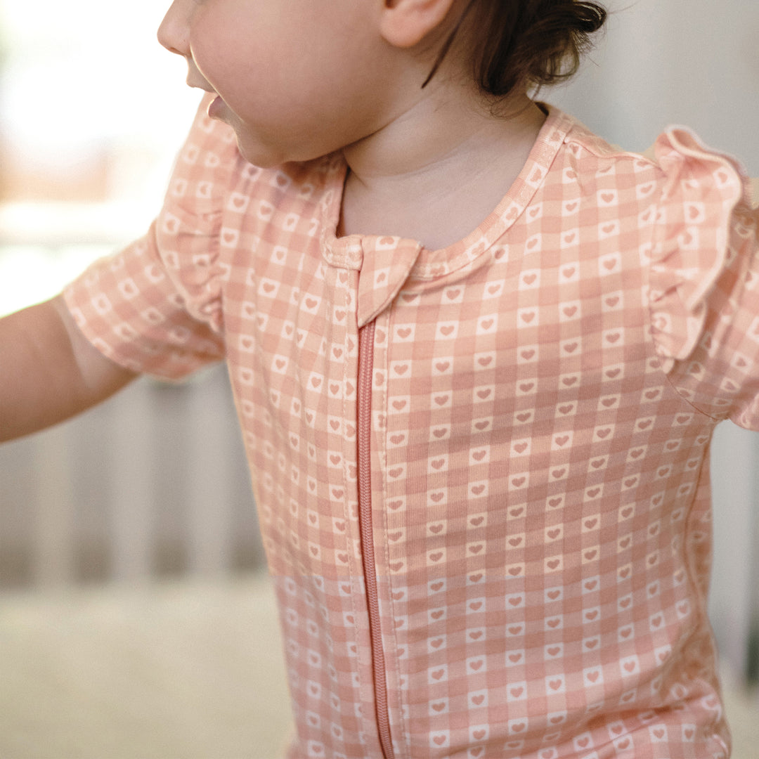 Day Or Night Short Sleeve Frill Onesie - Heart Gingham