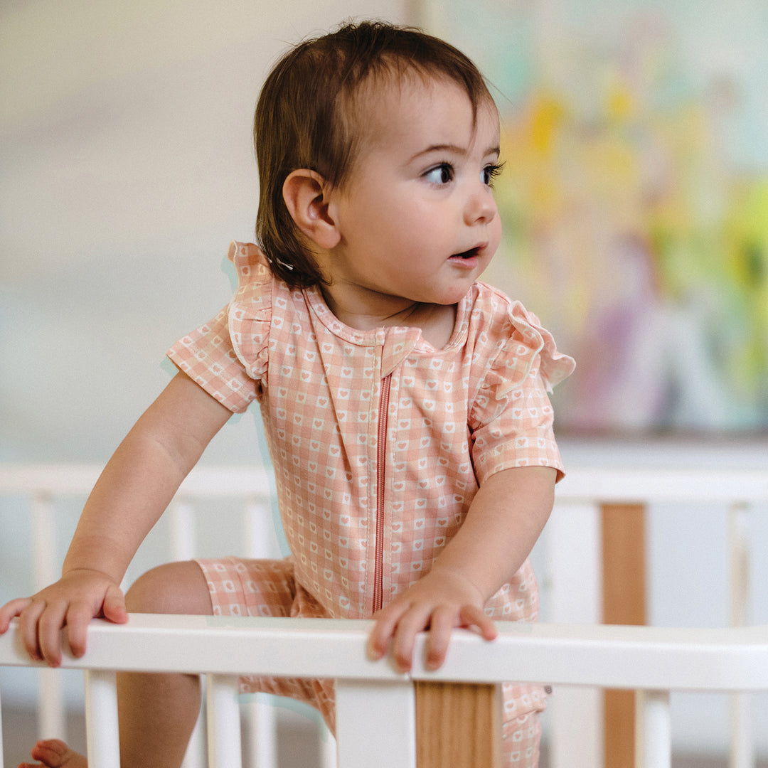 Day Or Night Short Sleeve Frill Onesie - Heart Gingham