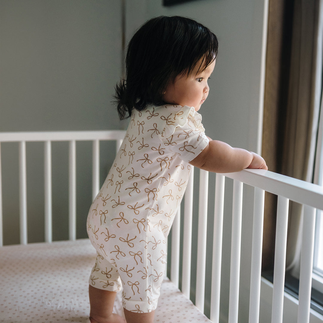 Day Or Night Short Sleeve Frill Onesie - Ivory Bow