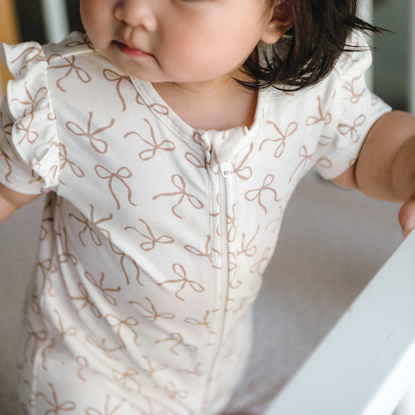 Day Or Night Short Sleeve Frill Onesie - Ivory Bow