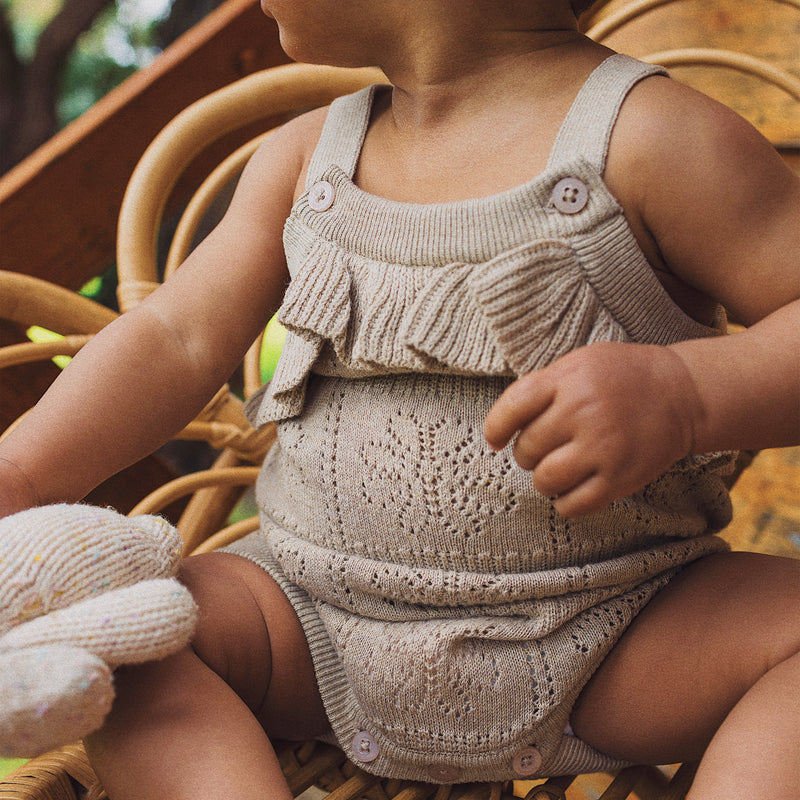 Pointelle Knit Frill Romper - Neutral