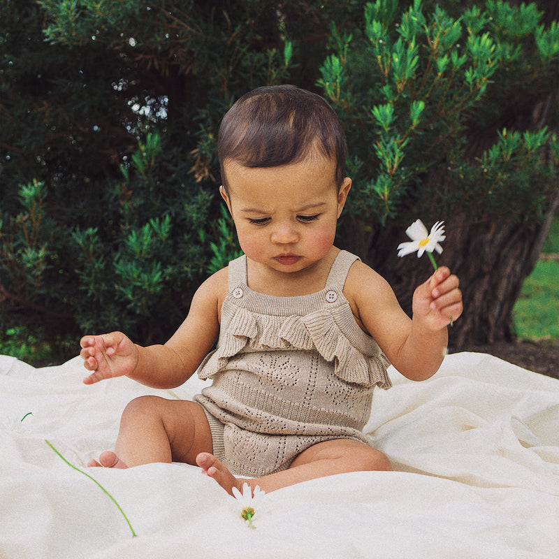 Pointelle Knit Frill Romper - Neutral