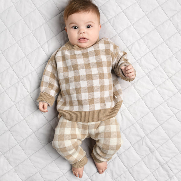 Jacquard Knit Pant - Neutral Gingham